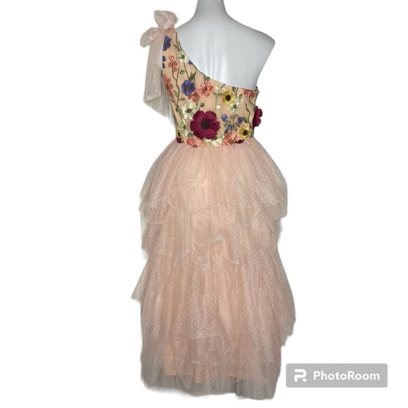 Just Me Floral Appliqué Tiered Dress One Shoulder Peach Pink M Tee Length Prom - Picture 4 of 12
